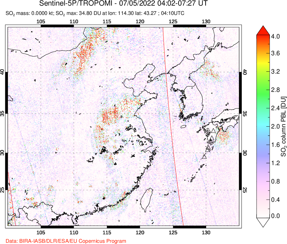 A sulfur dioxide image over Eastern China on Jul 05, 2022.