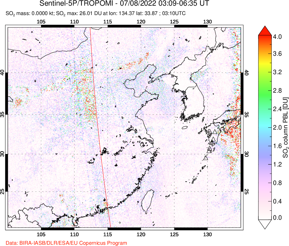 A sulfur dioxide image over Eastern China on Jul 08, 2022.