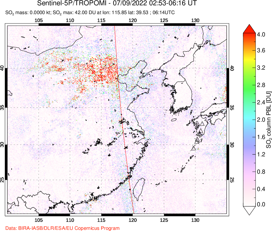A sulfur dioxide image over Eastern China on Jul 09, 2022.