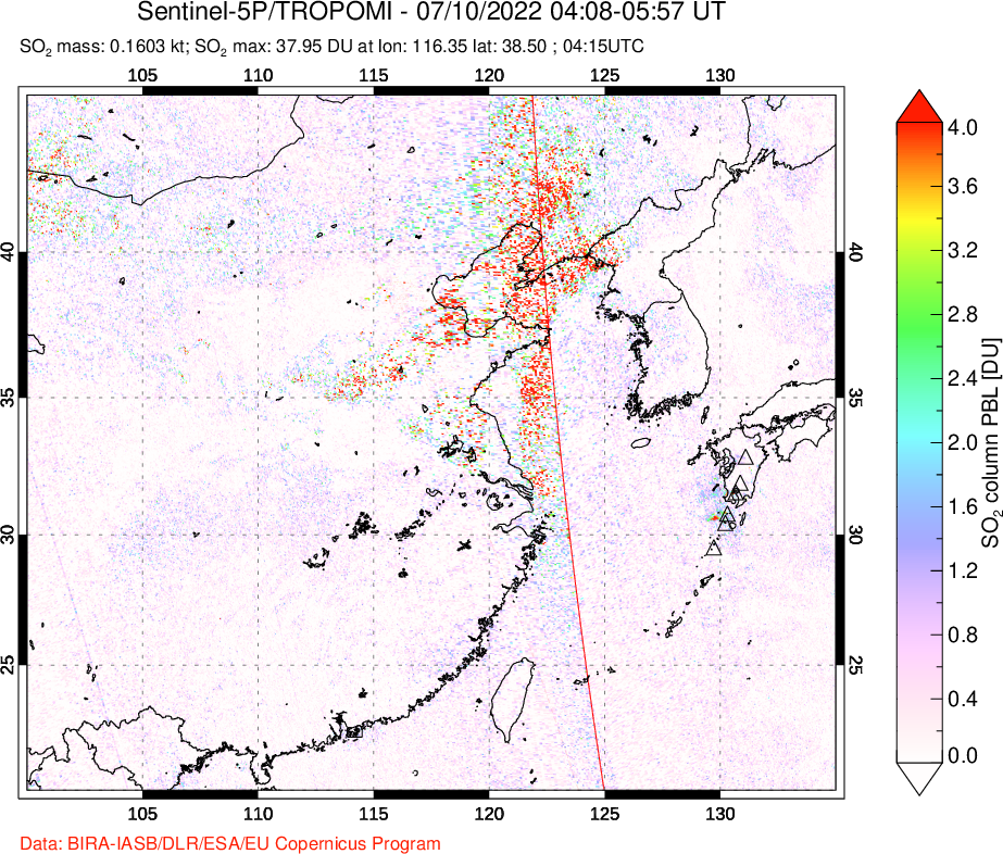 A sulfur dioxide image over Eastern China on Jul 10, 2022.