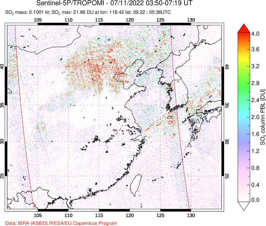 A sulfur dioxide image over Eastern China on Jul 11, 2022.