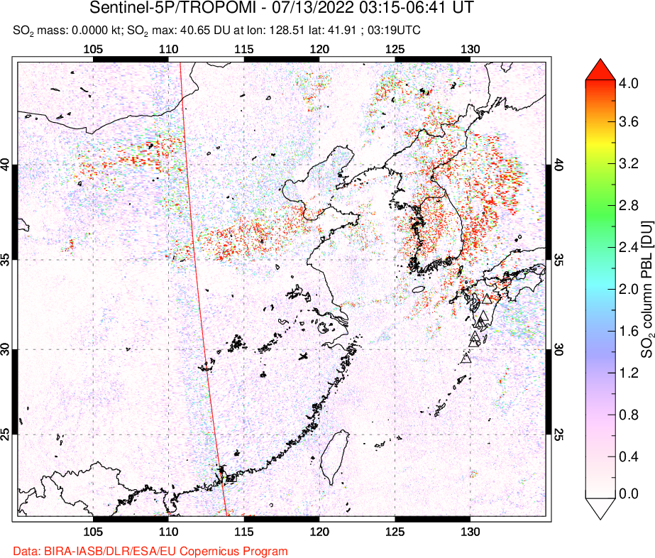 A sulfur dioxide image over Eastern China on Jul 13, 2022.