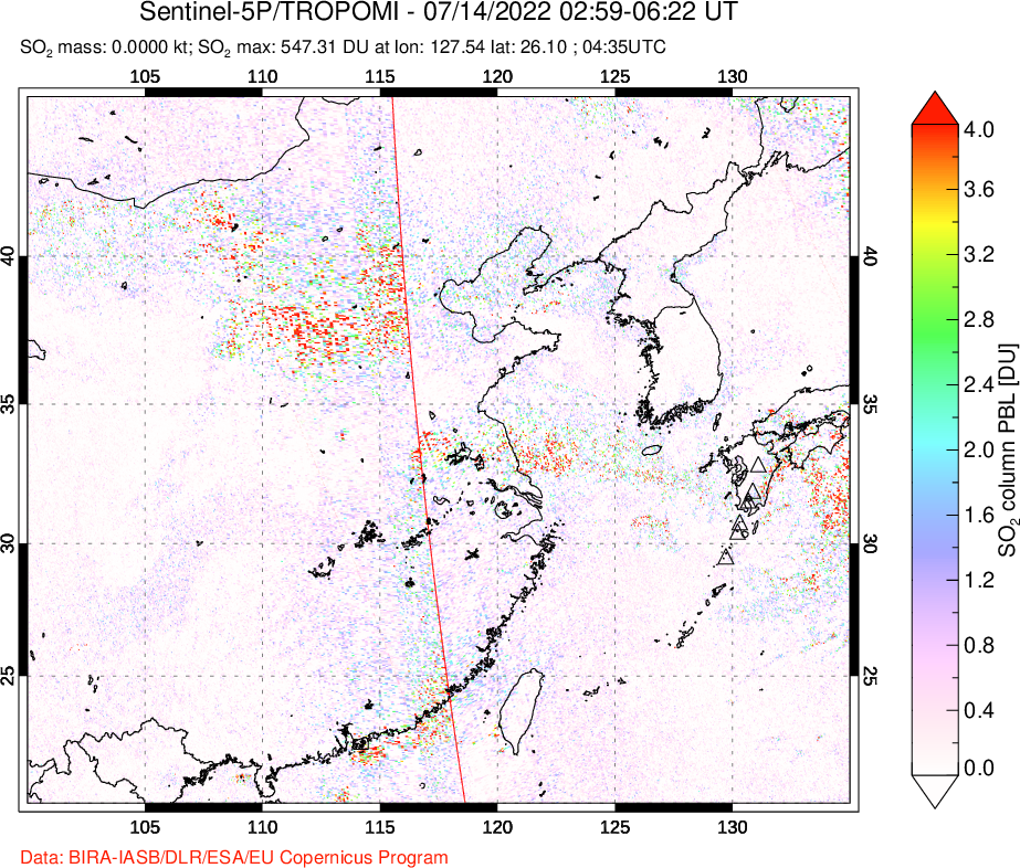 A sulfur dioxide image over Eastern China on Jul 14, 2022.