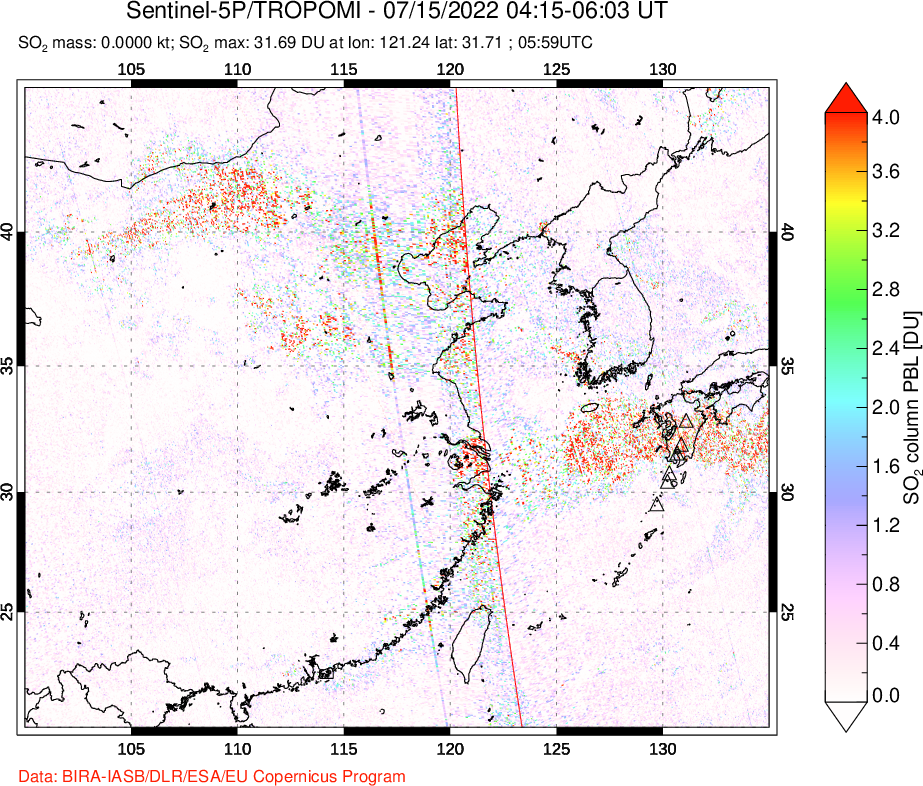 A sulfur dioxide image over Eastern China on Jul 15, 2022.