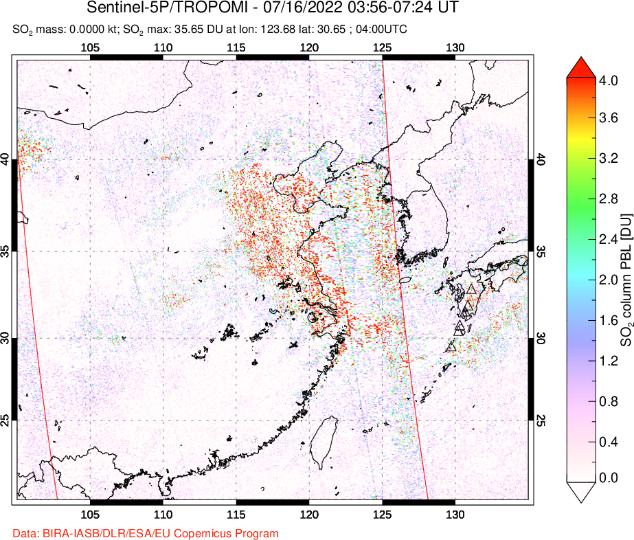 A sulfur dioxide image over Eastern China on Jul 16, 2022.
