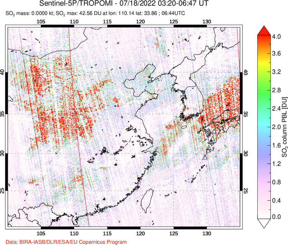 A sulfur dioxide image over Eastern China on Jul 18, 2022.
