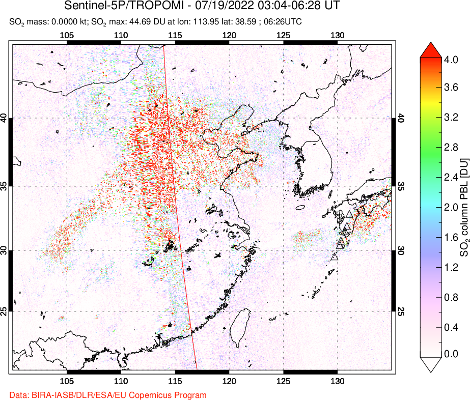 A sulfur dioxide image over Eastern China on Jul 19, 2022.