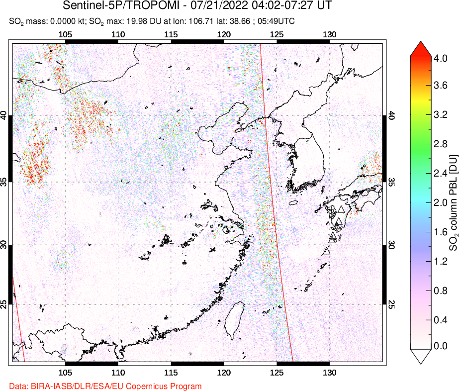 A sulfur dioxide image over Eastern China on Jul 21, 2022.