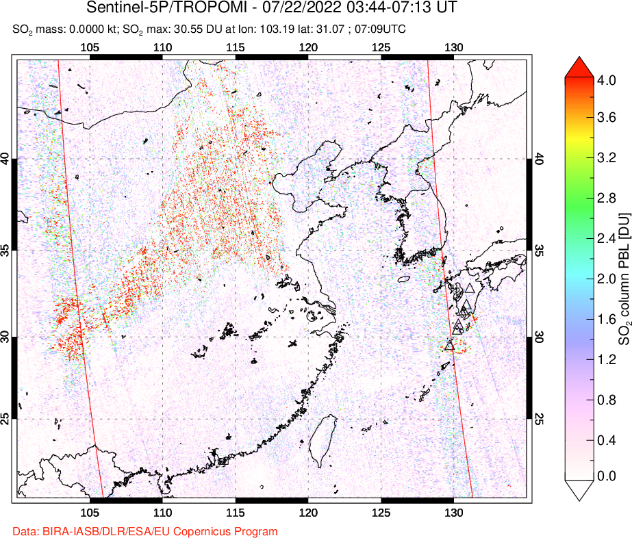A sulfur dioxide image over Eastern China on Jul 22, 2022.