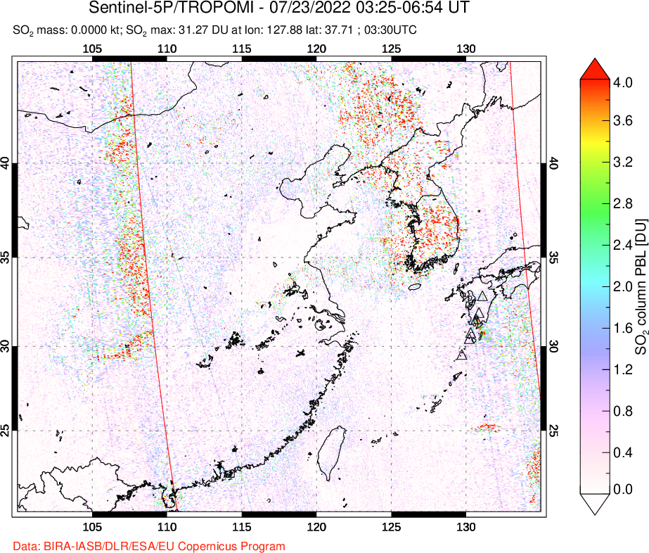 A sulfur dioxide image over Eastern China on Jul 23, 2022.
