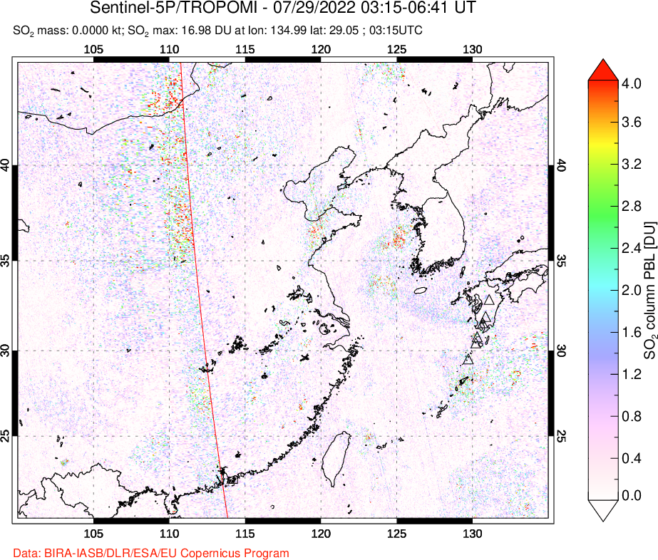 A sulfur dioxide image over Eastern China on Jul 29, 2022.