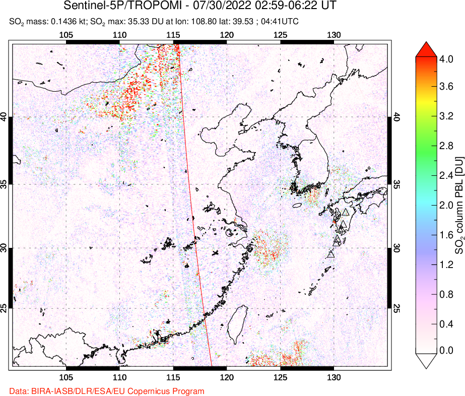 A sulfur dioxide image over Eastern China on Jul 30, 2022.