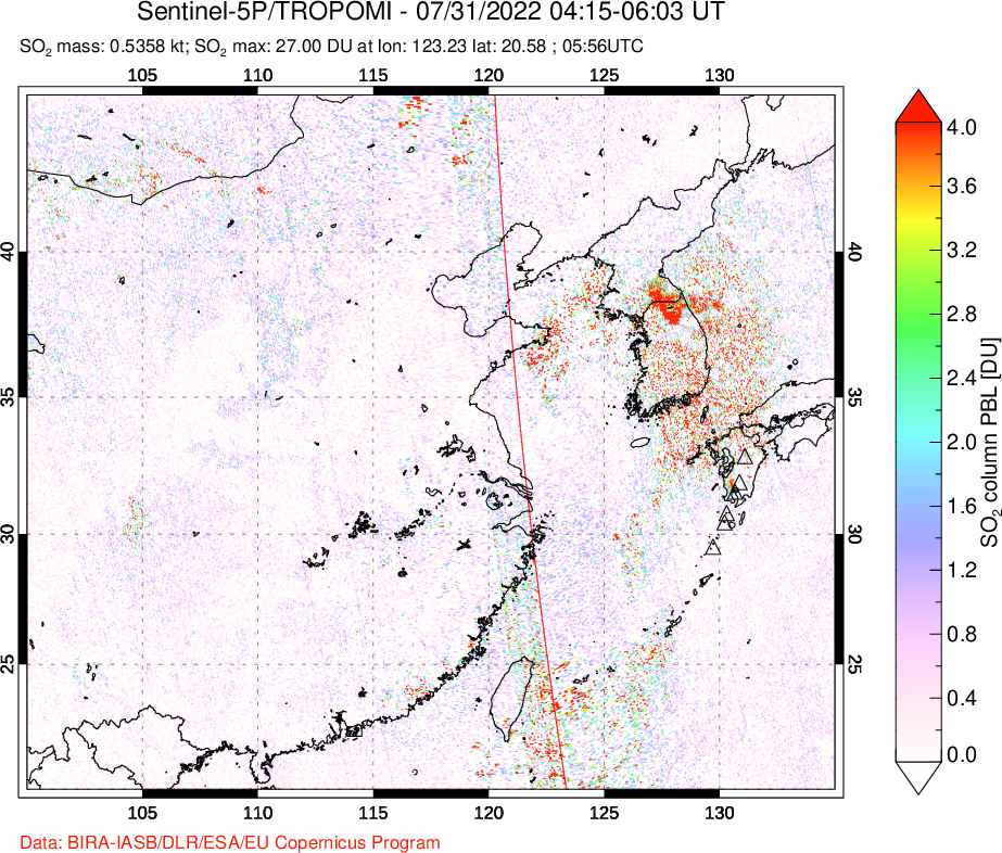 A sulfur dioxide image over Eastern China on Jul 31, 2022.