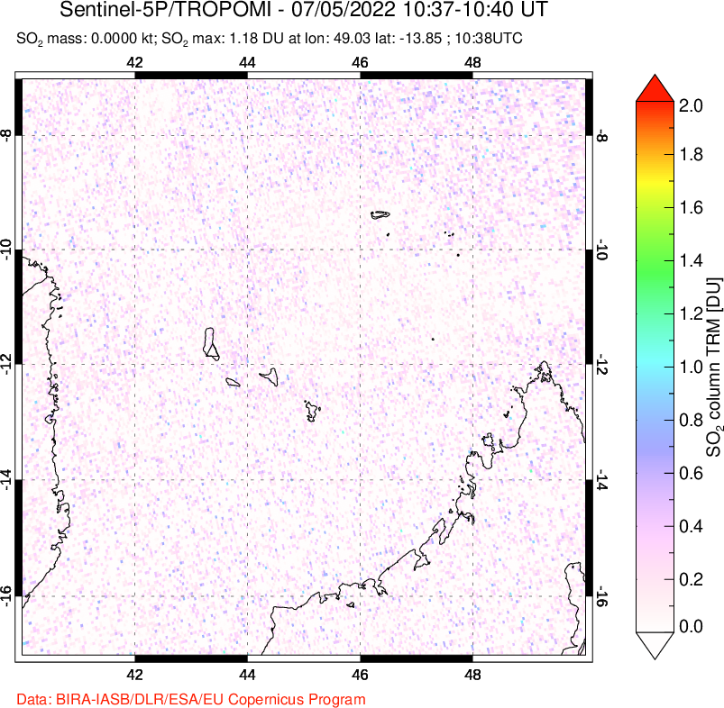 A sulfur dioxide image over Comoro Islands on Jul 05, 2022.