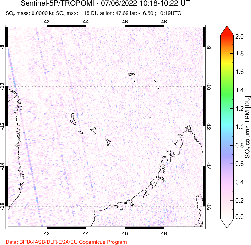 A sulfur dioxide image over Comoro Islands on Jul 06, 2022.