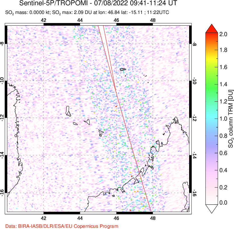 A sulfur dioxide image over Comoro Islands on Jul 08, 2022.