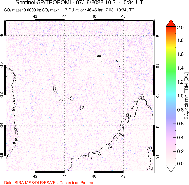 A sulfur dioxide image over Comoro Islands on Jul 16, 2022.