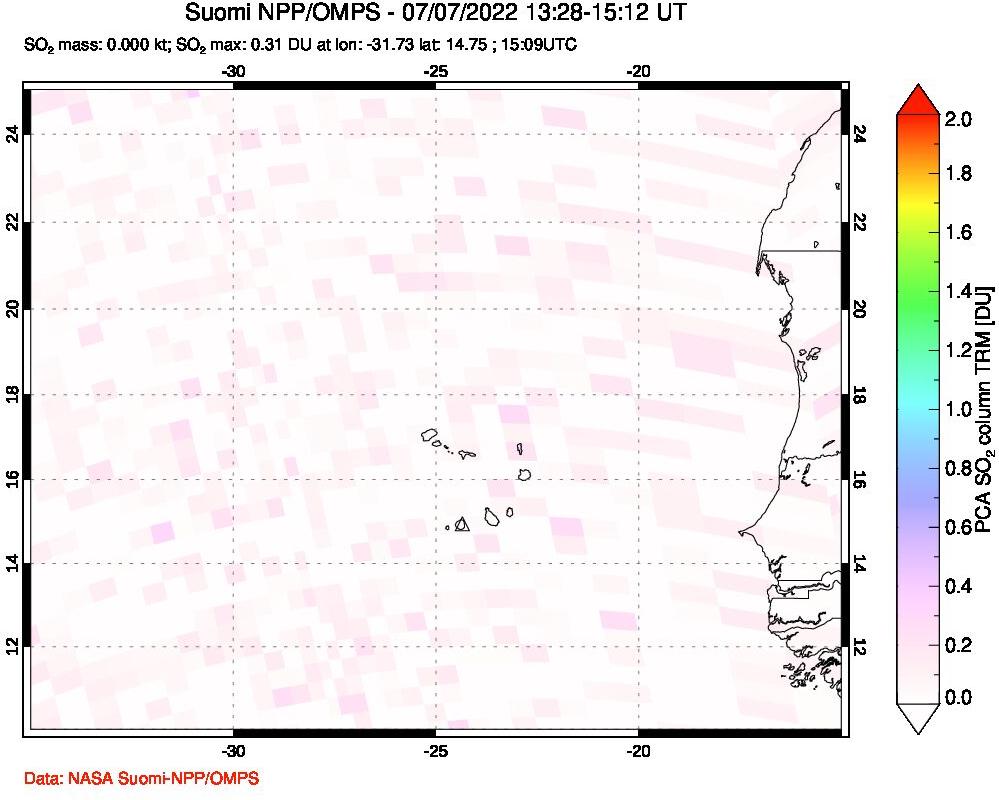 A sulfur dioxide image over Cape Verde Islands on Jul 07, 2022.
