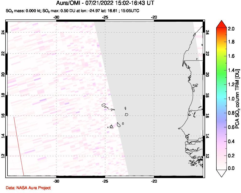 A sulfur dioxide image over Cape Verde Islands on Jul 21, 2022.