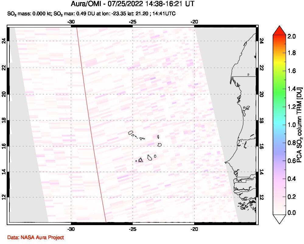 A sulfur dioxide image over Cape Verde Islands on Jul 25, 2022.