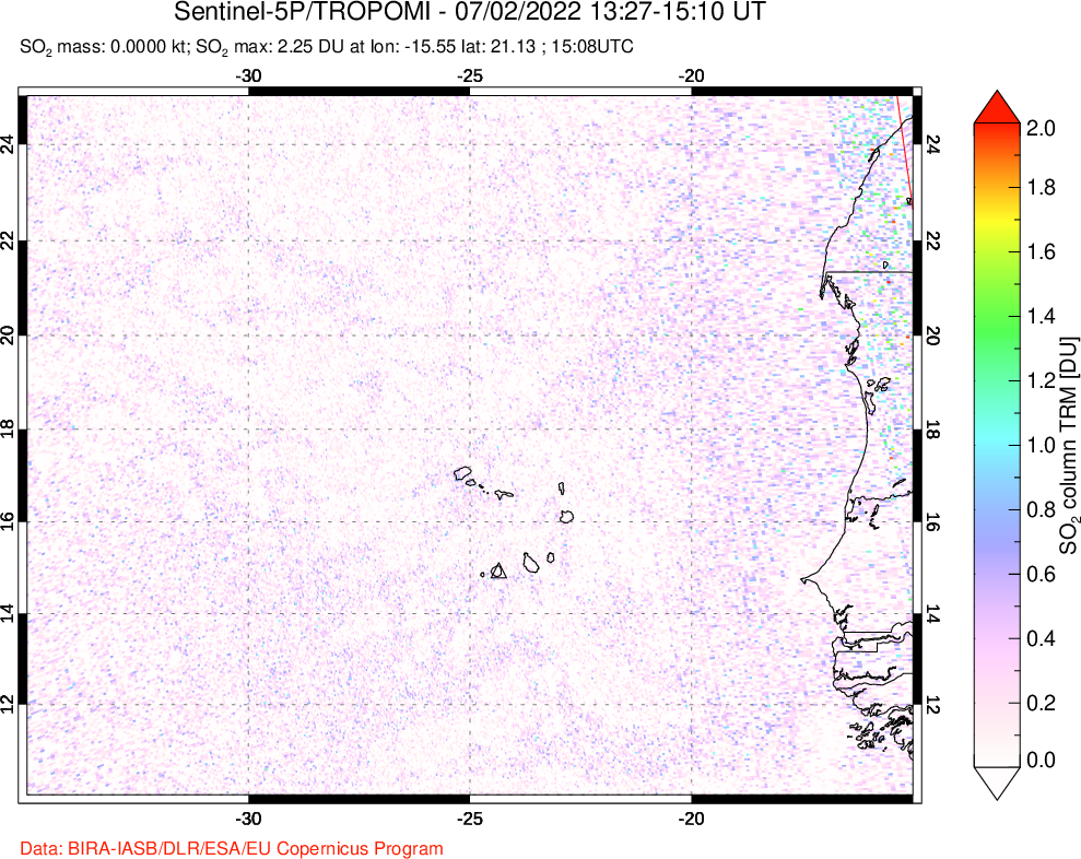 A sulfur dioxide image over Cape Verde Islands on Jul 02, 2022.