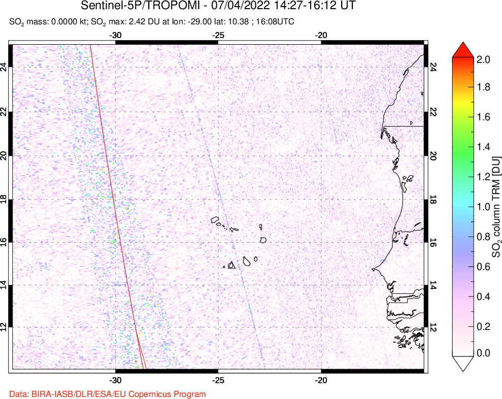 A sulfur dioxide image over Cape Verde Islands on Jul 04, 2022.