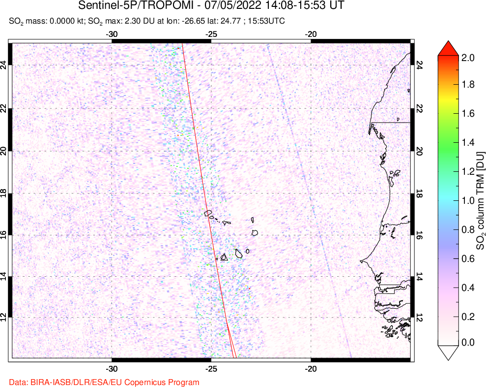 A sulfur dioxide image over Cape Verde Islands on Jul 05, 2022.