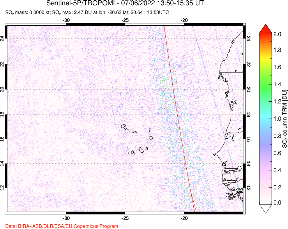A sulfur dioxide image over Cape Verde Islands on Jul 06, 2022.