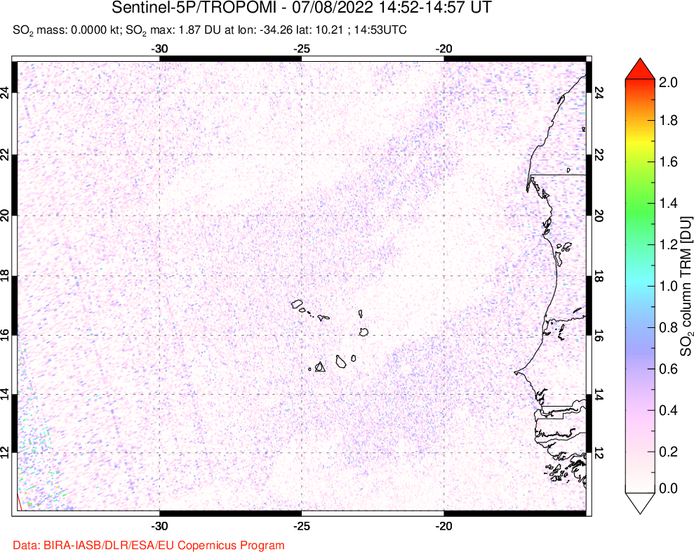 A sulfur dioxide image over Cape Verde Islands on Jul 08, 2022.