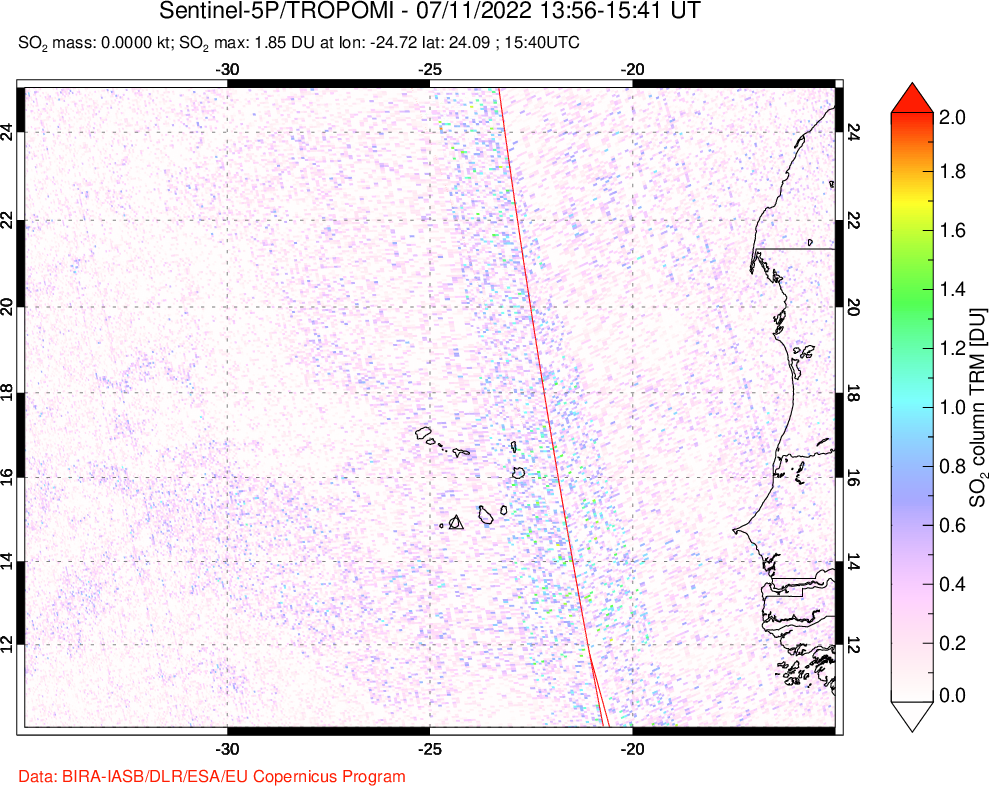 A sulfur dioxide image over Cape Verde Islands on Jul 11, 2022.