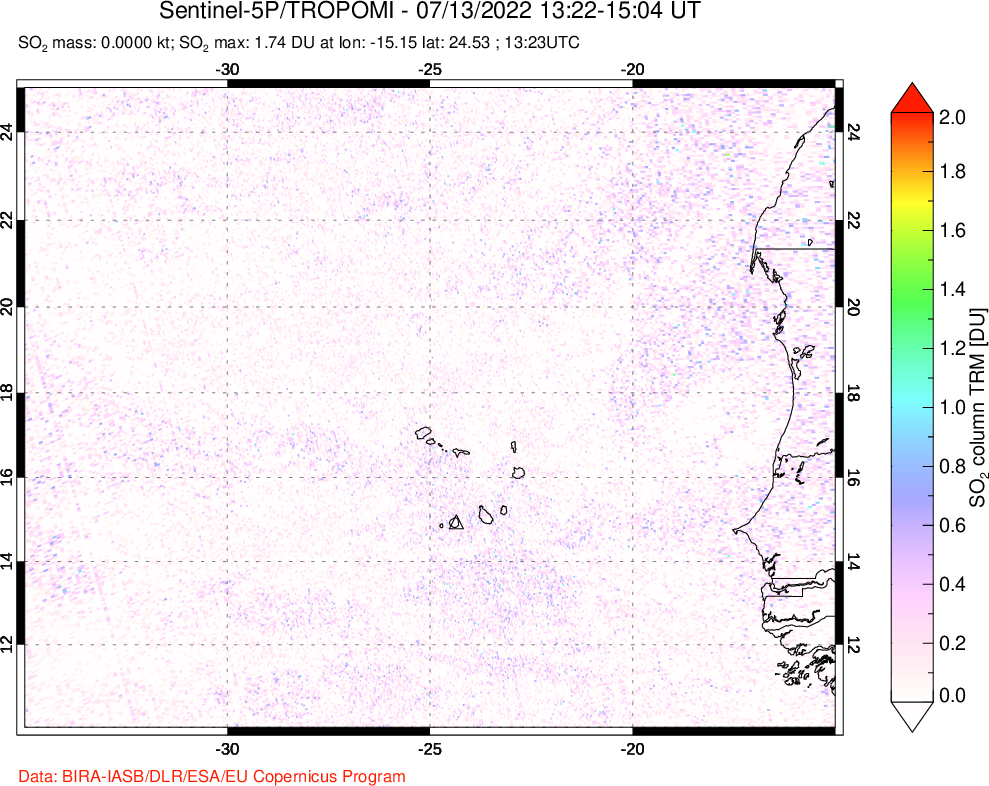 A sulfur dioxide image over Cape Verde Islands on Jul 13, 2022.