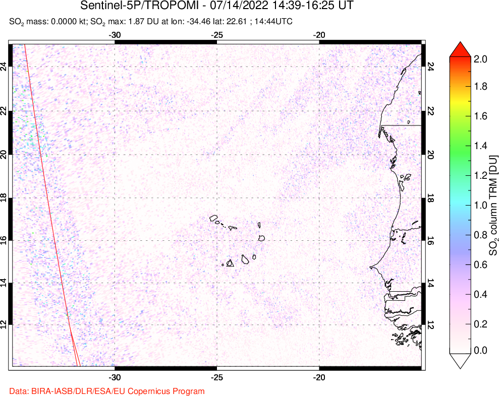 A sulfur dioxide image over Cape Verde Islands on Jul 14, 2022.