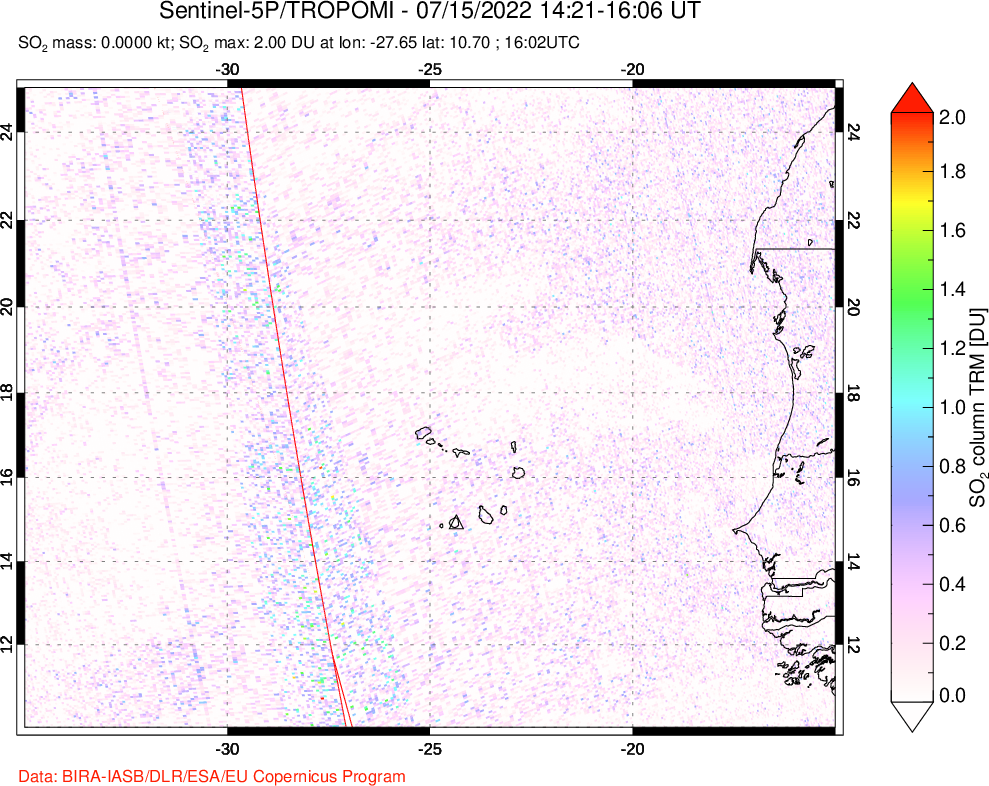 A sulfur dioxide image over Cape Verde Islands on Jul 15, 2022.