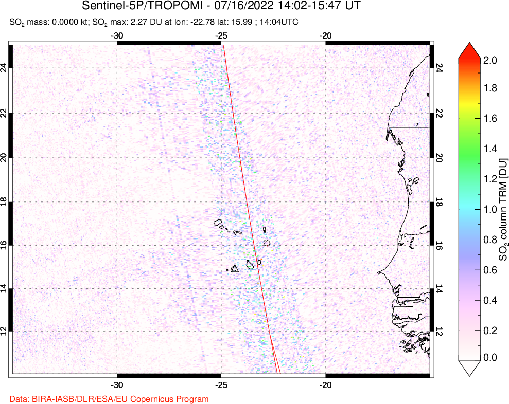 A sulfur dioxide image over Cape Verde Islands on Jul 16, 2022.