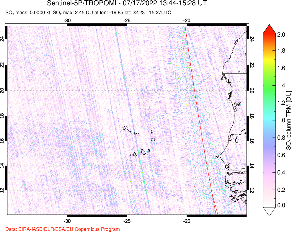A sulfur dioxide image over Cape Verde Islands on Jul 17, 2022.