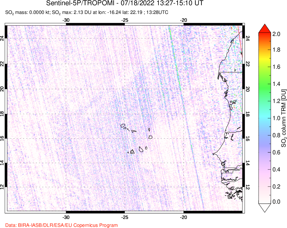A sulfur dioxide image over Cape Verde Islands on Jul 18, 2022.
