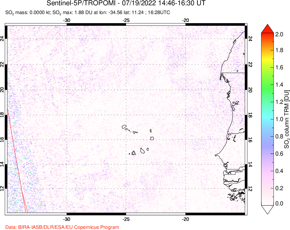 A sulfur dioxide image over Cape Verde Islands on Jul 19, 2022.