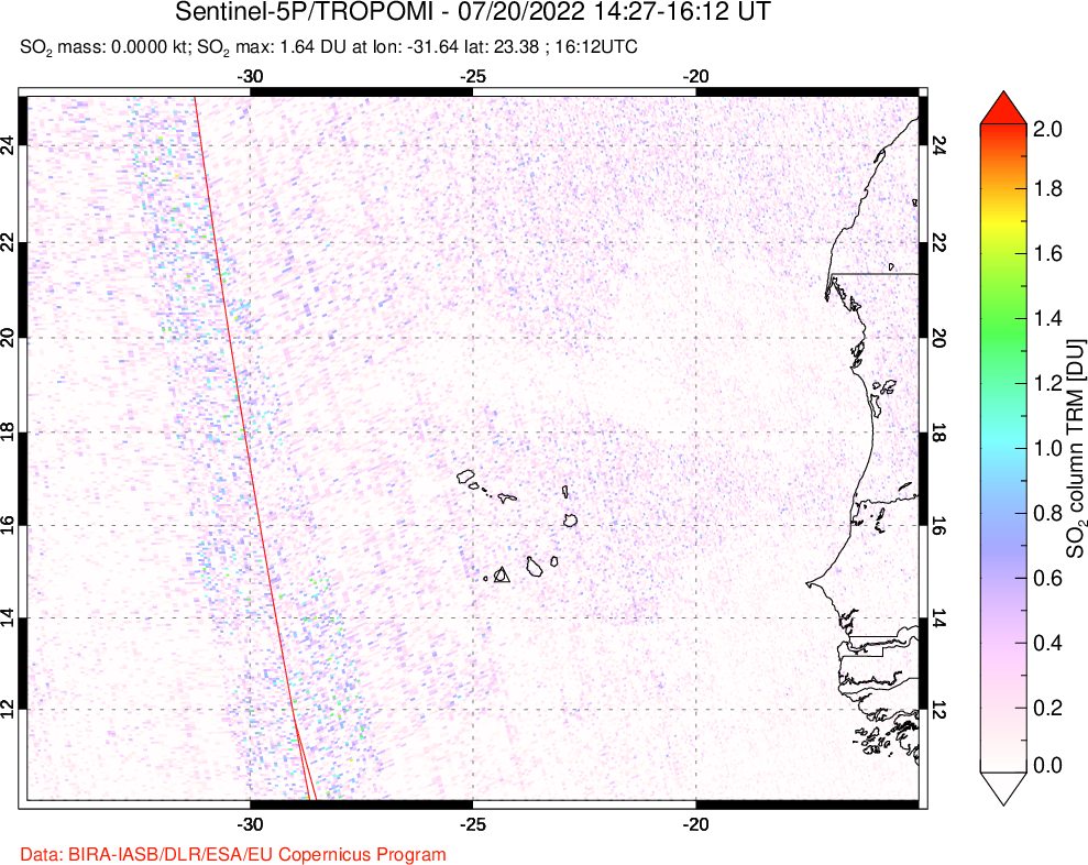 A sulfur dioxide image over Cape Verde Islands on Jul 20, 2022.
