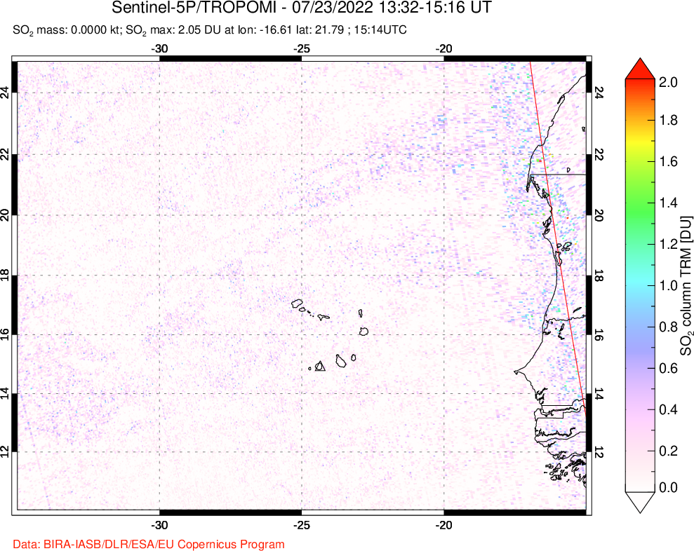 A sulfur dioxide image over Cape Verde Islands on Jul 23, 2022.
