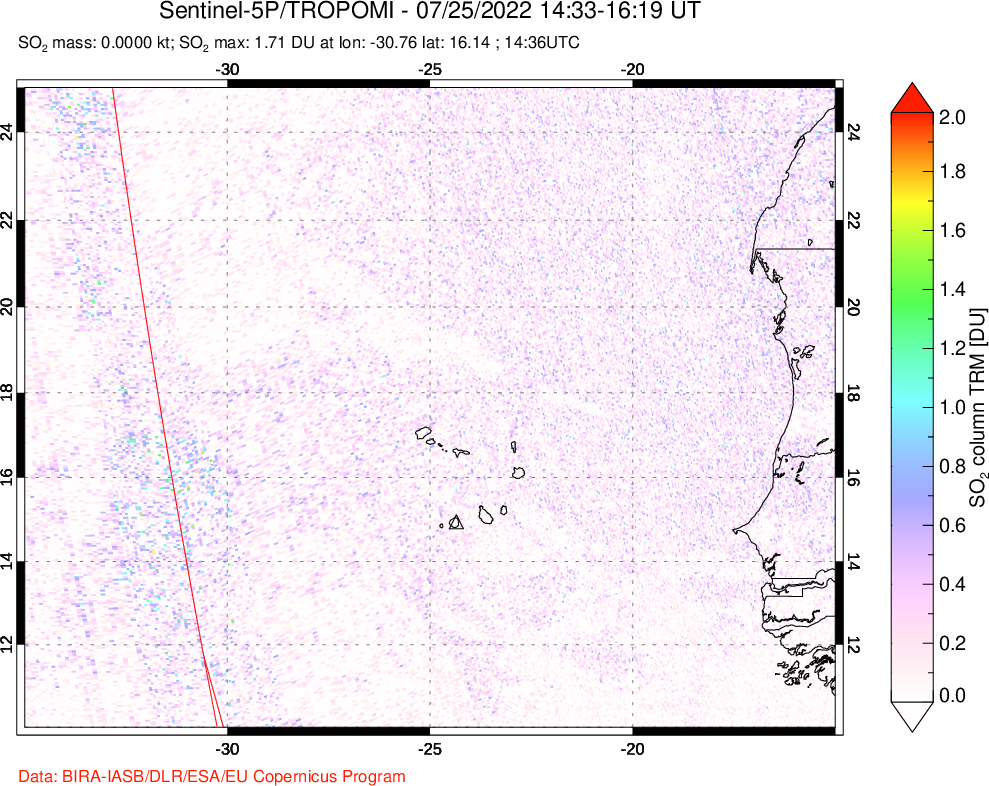 A sulfur dioxide image over Cape Verde Islands on Jul 25, 2022.