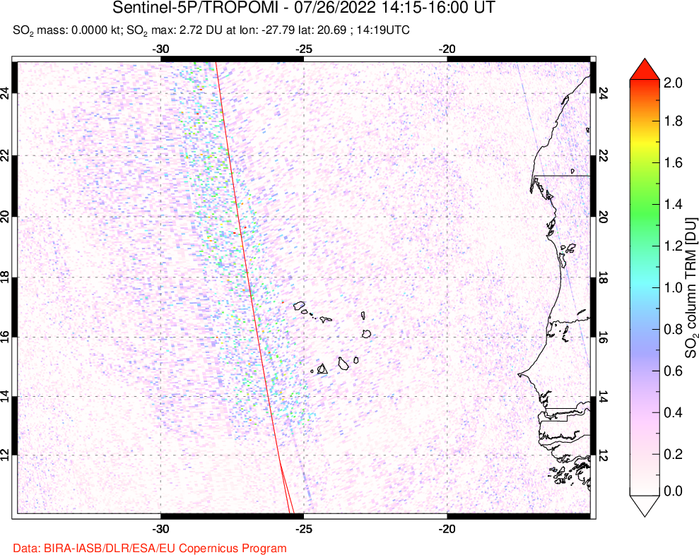 A sulfur dioxide image over Cape Verde Islands on Jul 26, 2022.
