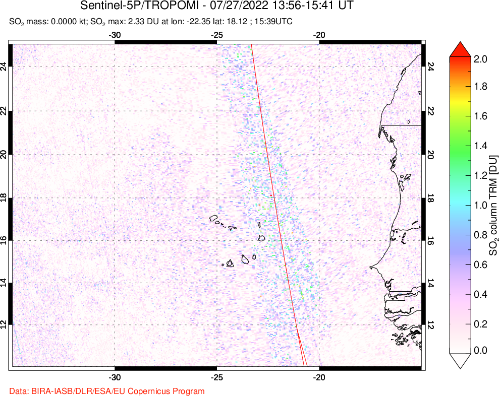 A sulfur dioxide image over Cape Verde Islands on Jul 27, 2022.
