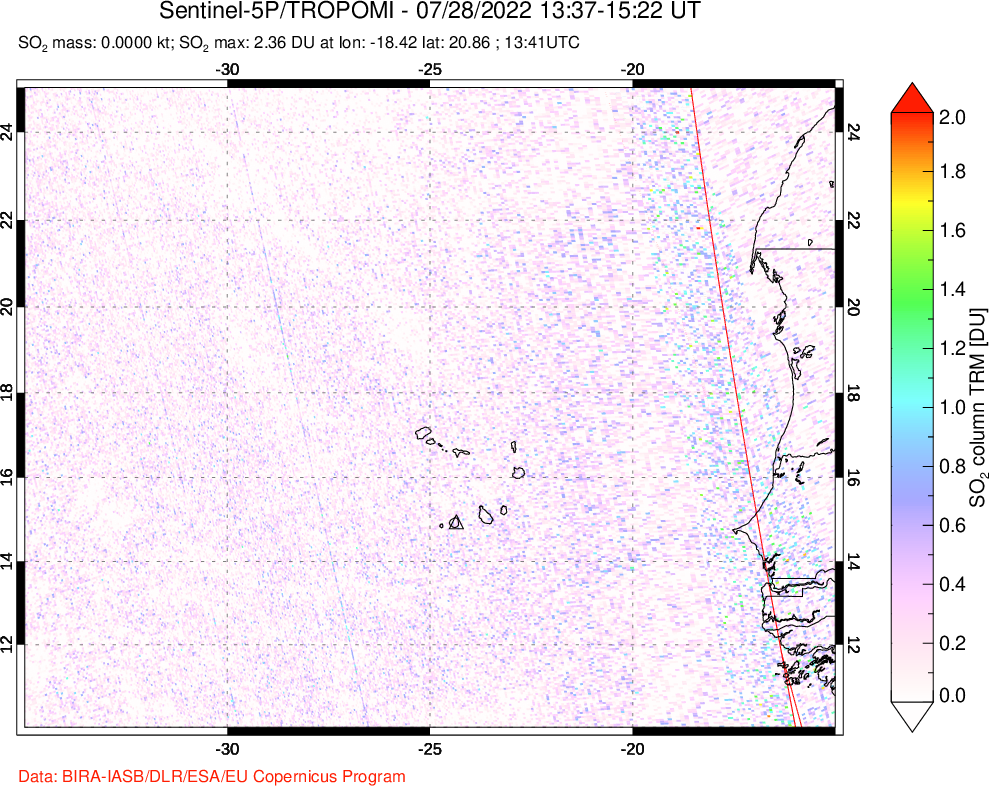 A sulfur dioxide image over Cape Verde Islands on Jul 28, 2022.