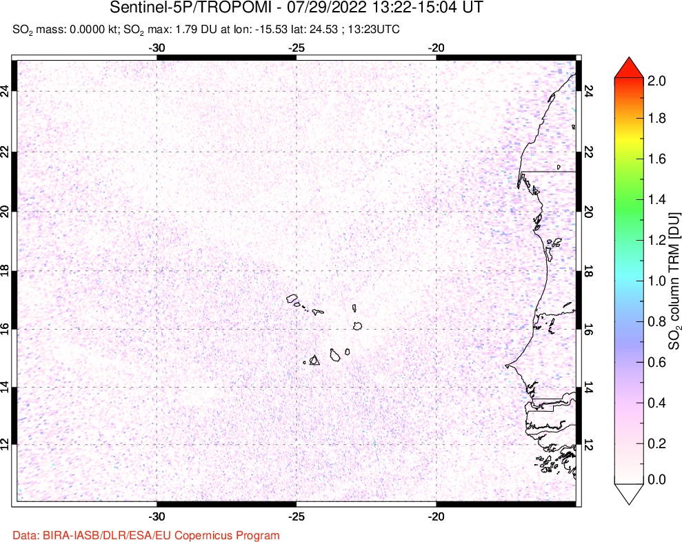 A sulfur dioxide image over Cape Verde Islands on Jul 29, 2022.