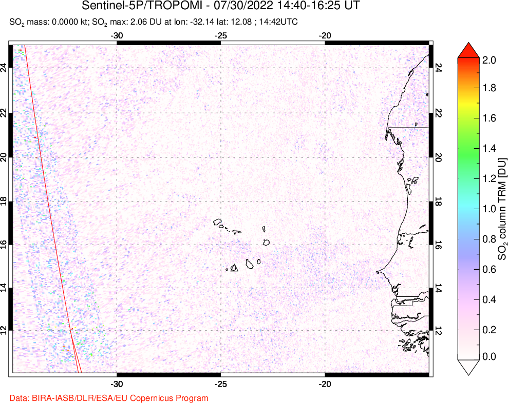 A sulfur dioxide image over Cape Verde Islands on Jul 30, 2022.