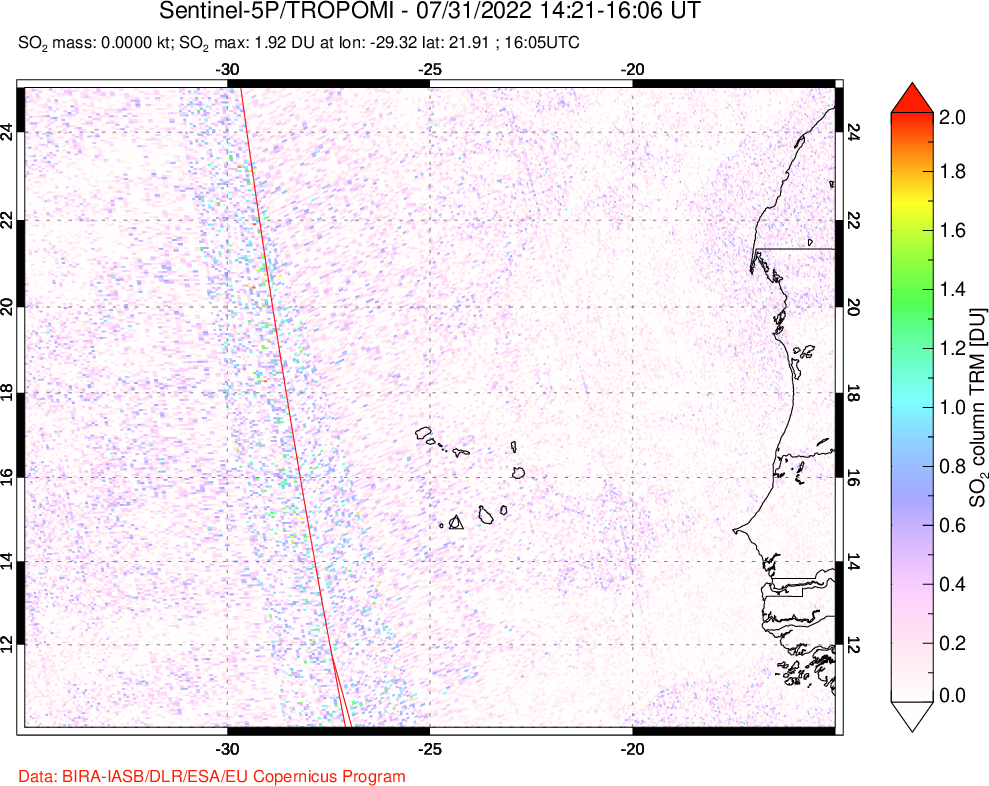 A sulfur dioxide image over Cape Verde Islands on Jul 31, 2022.