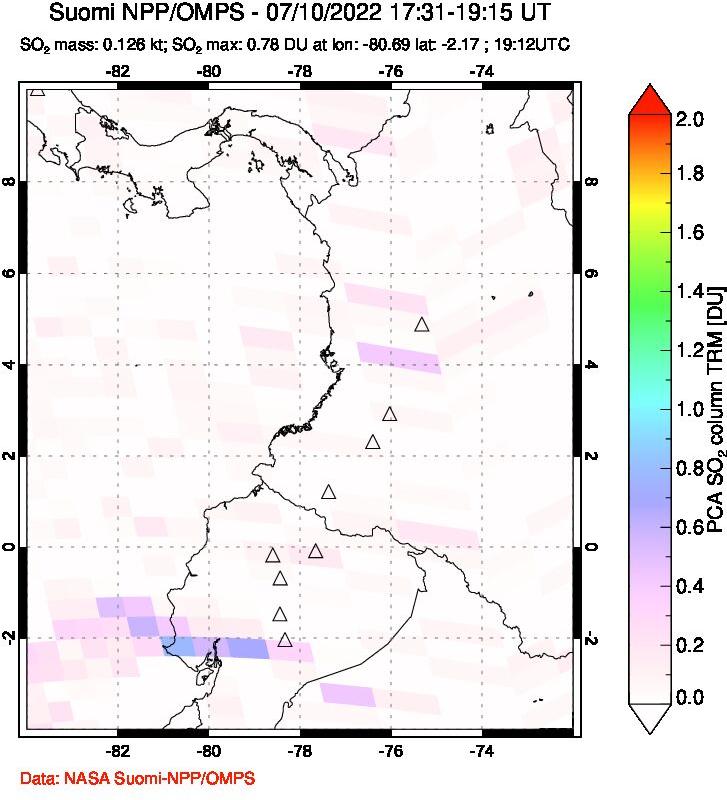 A sulfur dioxide image over Ecuador on Jul 10, 2022.
