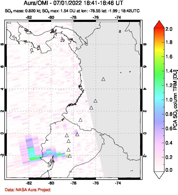 A sulfur dioxide image over Ecuador on Jul 01, 2022.