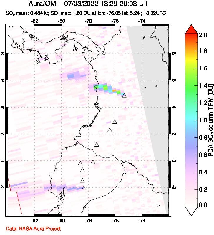 A sulfur dioxide image over Ecuador on Jul 03, 2022.