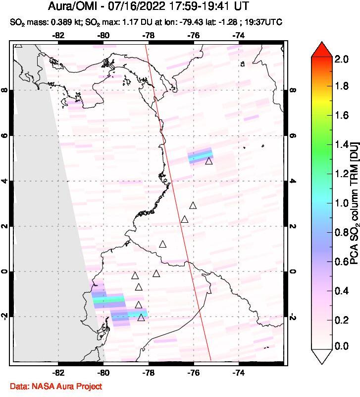 A sulfur dioxide image over Ecuador on Jul 16, 2022.